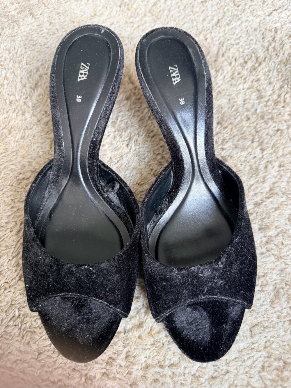 Zara Black Velvet Open-Toe Mule Slides